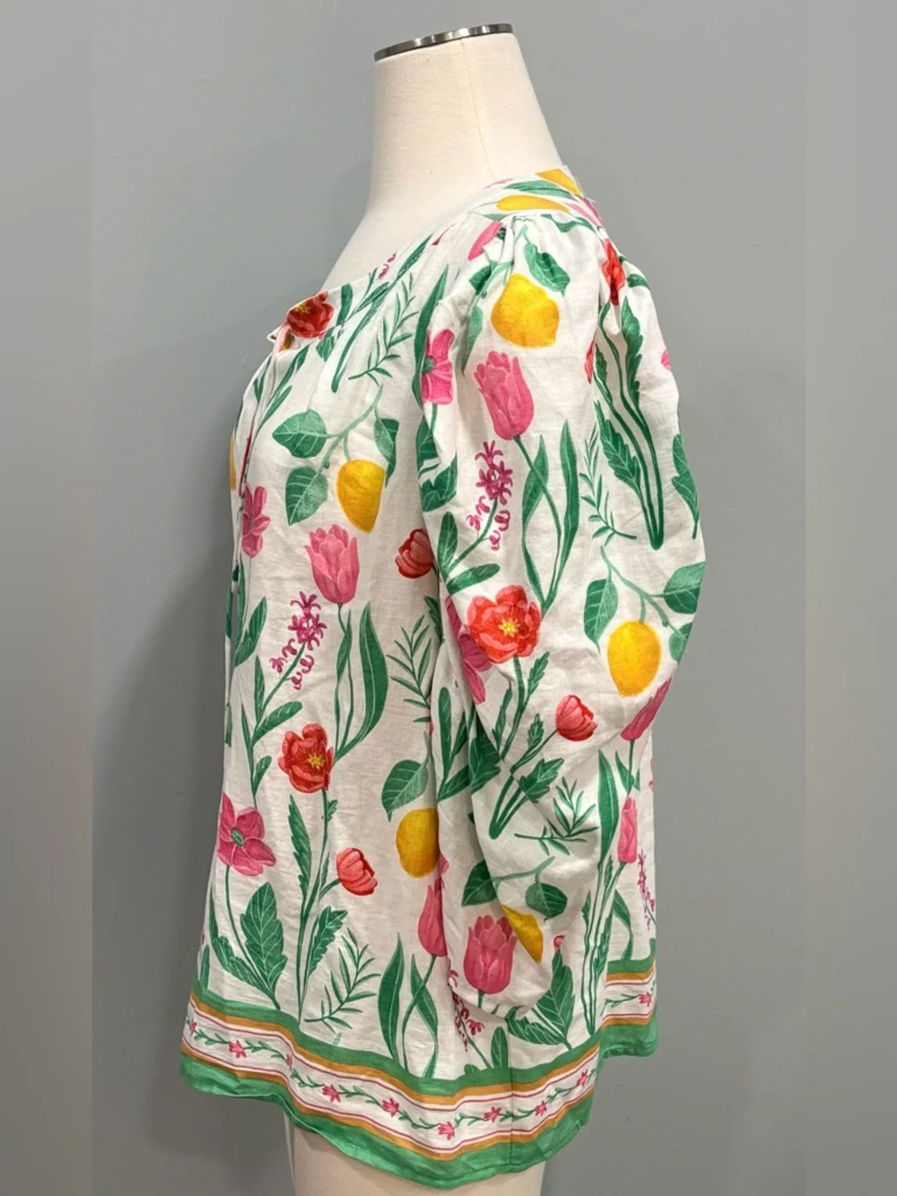 Rachel Zoe Linen Blend Pink Red and Yellow Lemons 3/4 Sleeve Tie Front Blouse XL - Picture 4 of 11